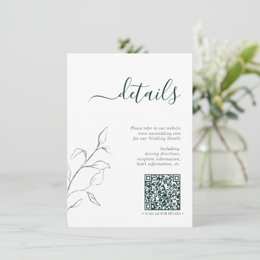 Moderne QR Code Emerald Green Wedding Details Informatiekaartje (Staand voorkant)