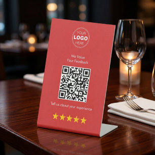 Moderne QR-code feedback & review rood en wit Reclamebord Met Voetstuk