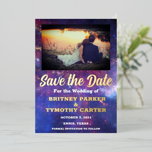 Moderne QR-code Foto Celestial Galaxy Wedding Foli Folie Uitnodiging (Staand Voorkant)