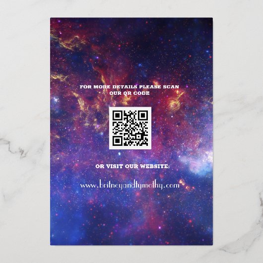 Moderne QR-code Foto Celestial Galaxy Wedding Foli Folie Uitnodiging (Achterkant)