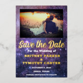 Moderne QR-code Foto Celestial Galaxy Wedding Folie Uitnodiging (Voorkant)