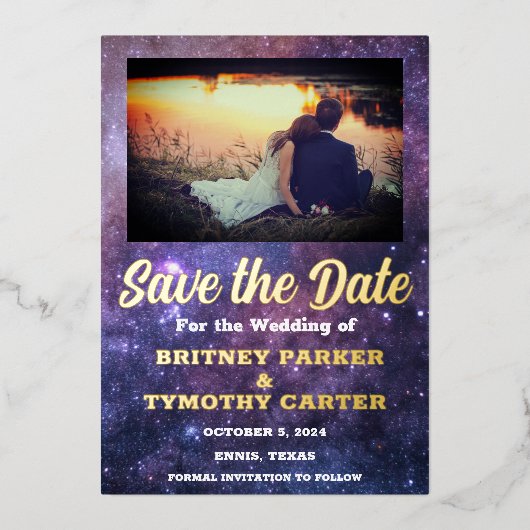 Moderne QR-code Foto Celestial Galaxy Wedding Folie Uitnodiging (Voorkant)