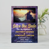 Moderne QR-code Foto Celestial Galaxy Wedding Folie Uitnodiging (Staand Voorkant)