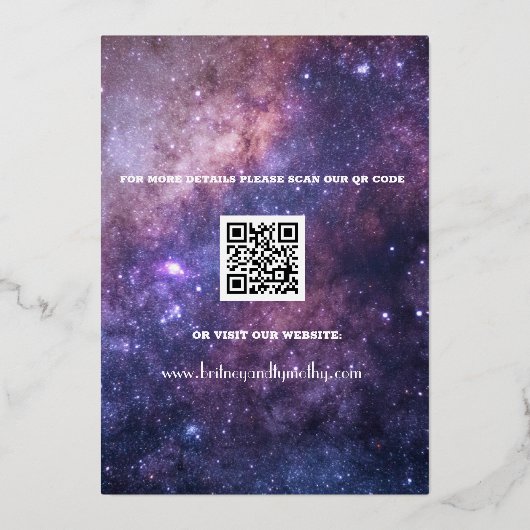 Moderne QR-code Foto Celestial Galaxy Wedding Folie Uitnodiging (Achterkant)