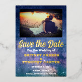 Moderne QR-code Foto Celestial Galaxy Wedding Folie Uitnodiging (Voorkant)