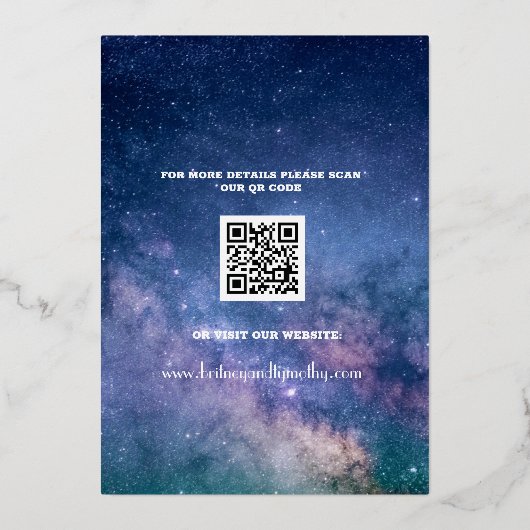 Moderne QR-code Foto Celestial Galaxy Wedding Folie Uitnodiging (Achterkant)