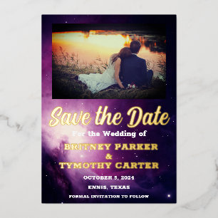 Moderne QR-code Foto Celestial Galaxy Wedding Folie Uitnodiging