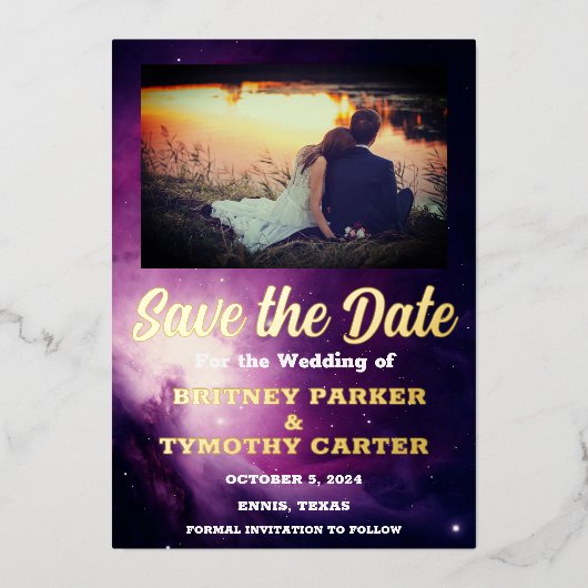 Moderne QR-code Foto Celestial Galaxy Wedding Folie Uitnodiging (Voorkant)