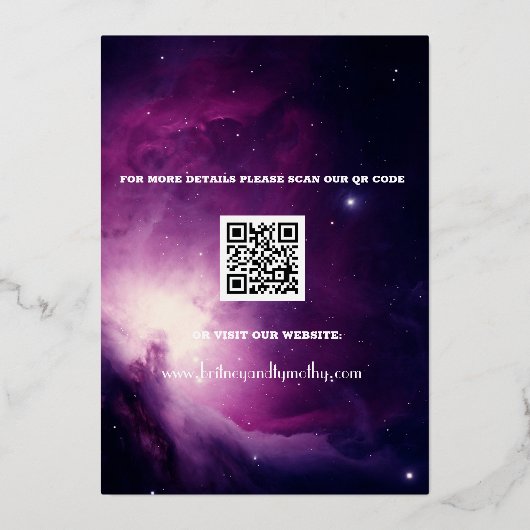 Moderne QR-code Foto Celestial Galaxy Wedding Folie Uitnodiging (Achterkant)