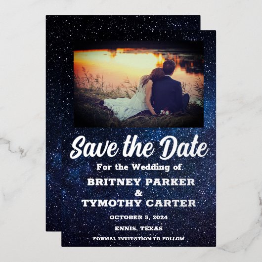 Moderne QR-code Foto Celestial Galaxy Wedding Folie Uitnodiging (Voorkant / Achterkant)