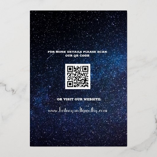 Moderne QR-code Foto Celestial Galaxy Wedding Folie Uitnodiging (Achterkant)