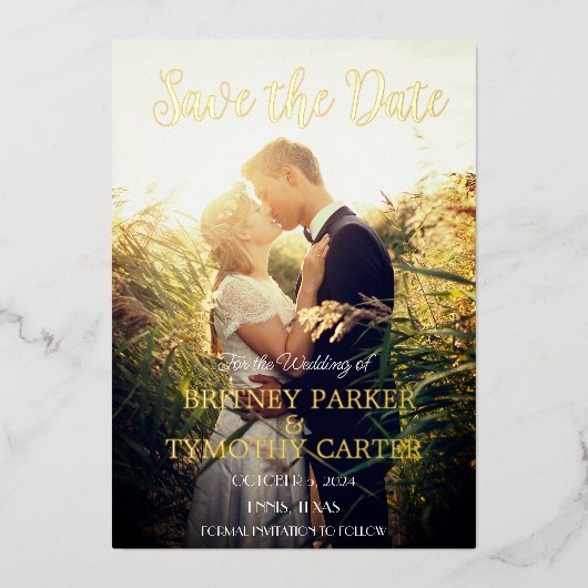 Moderne QR Code Foto Champagne Ivory Wedding Folie Uitnodiging (Voorkant)