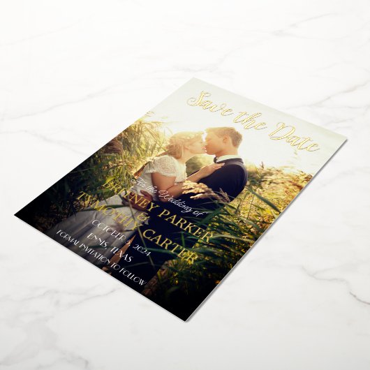 Moderne QR Code Foto Champagne Ivory Wedding Folie Uitnodiging (Gedraaid)