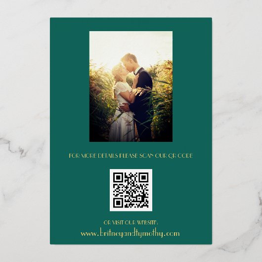 Moderne QR Code Foto Emerald Green Script Weduwen Folie Uitnodiging (Achterkant)
