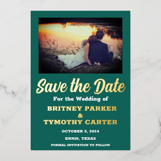 Moderne QR Code Foto Emerald Green Wedding Folie Uitnodiging (Voorkant)