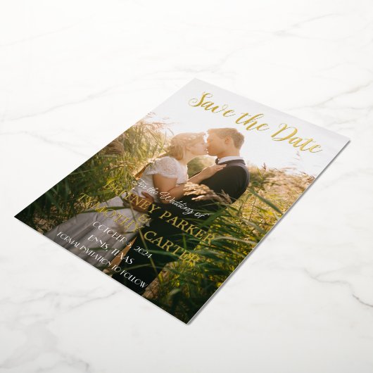 Moderne QR-code foto gele script bruiloft Folie Uitnodiging (Gedraaid)