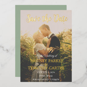 Moderne QR-code Foto-handschrift Sage Green Weddin Folie Uitnodiging