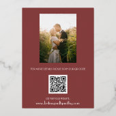 Moderne QR-code foto wijn Bourgogne script bruilof Folie Uitnodiging (Achterkant)