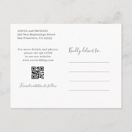 Moderne QR CODE-fotobruiloft, met behoud van datum Aankondigingskaart (Achterkant)