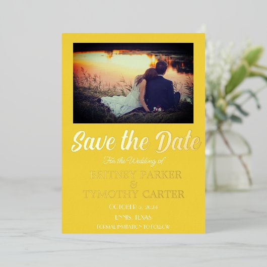 Moderne QR-code Fotogeel bruiloft Gold Foil Folie Uitnodiging (Staand Voorkant)