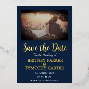 Moderne QR-code Fotokalligrafie marineblauw huweli Folie Uitnodiging