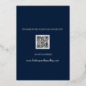 Moderne QR-code Fotokalligrafie marineblauw huweli Folie Uitnodiging (Achterkant)