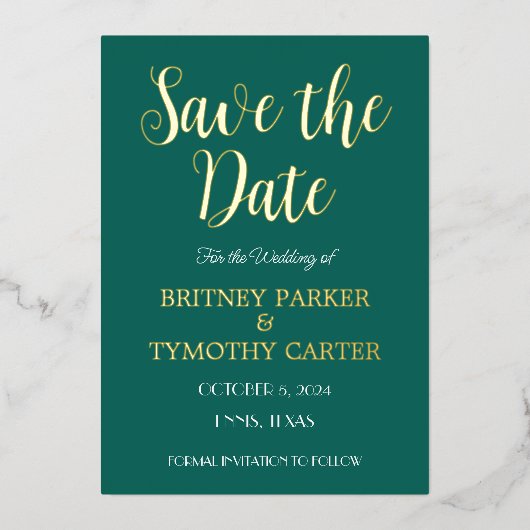 Moderne QR-code Fotoscript Emerald Green Wedding Folie Uitnodiging (Voorkant)