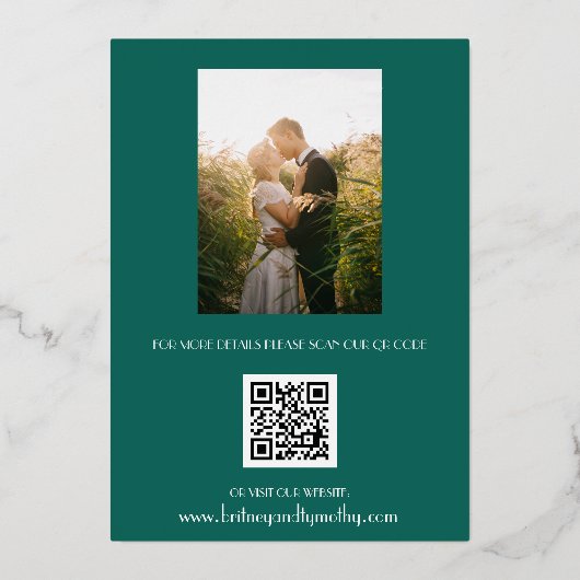 Moderne QR-code Fotoscript Emerald Green Wedding Folie Uitnodiging (Achterkant)