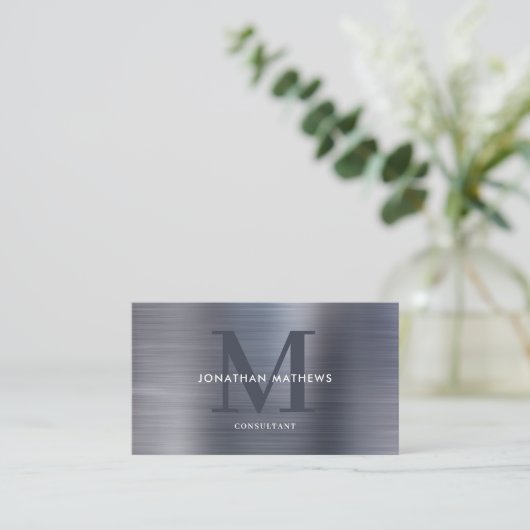 Moderne QR-code geborsteld metaal grijs monogram Visitekaartje (Staand voorkant)