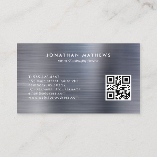 Moderne QR-code geborsteld metaal grijs monogram Visitekaartje (Achterkant)