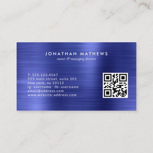 Moderne QR-code geborsteld metallisch blauw monogr Visitekaartje (Achterkant)