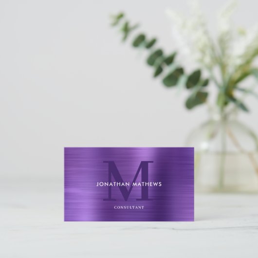 Moderne QR-code geborsteld metallisch Paars monogr Visitekaartje (Staand voorkant)