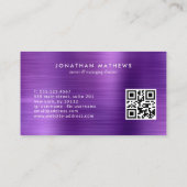 Moderne QR-code geborsteld metallisch Paars monogr Visitekaartje (Achterkant)