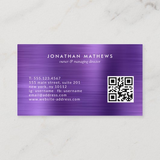 Moderne QR-code geborsteld metallisch Paars monogr Visitekaartje (Achterkant)