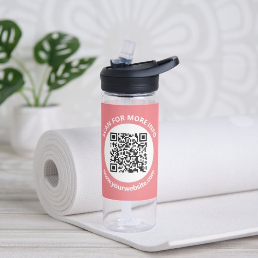 Moderne QR-code, gepersonaliseerde tekst, roze en  Waterfles (Links)