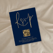 Moderne QR-code Gold Navy Blue Script Weddenschap RSVP Kaartje