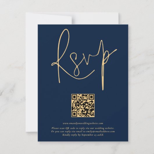 Moderne QR-code Gold Navy Blue Script Weddenschap RSVP Kaartje (Voorkant)