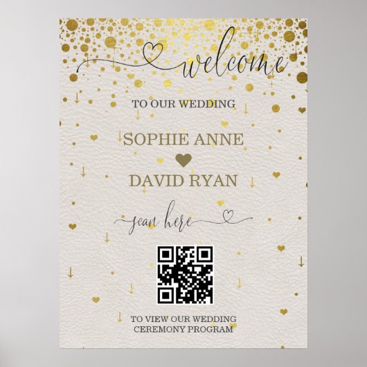 Moderne QR Code Goud Confetti Bruiloft Welkomstbor Poster (Voorkant)