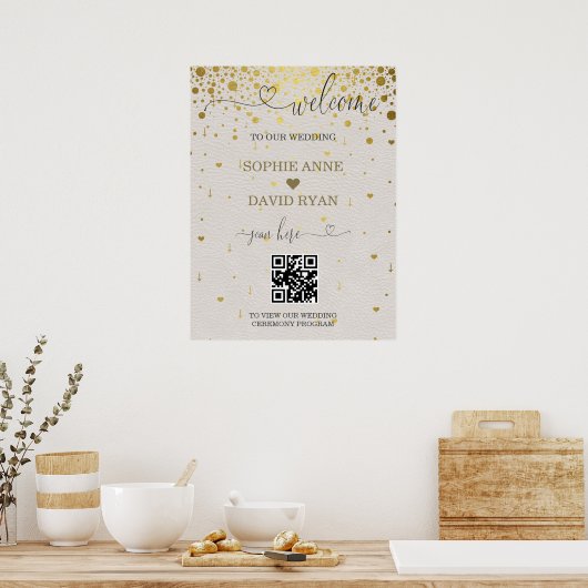 Moderne QR Code Goud Confetti Bruiloft Welkomstbor Poster (Keuken)