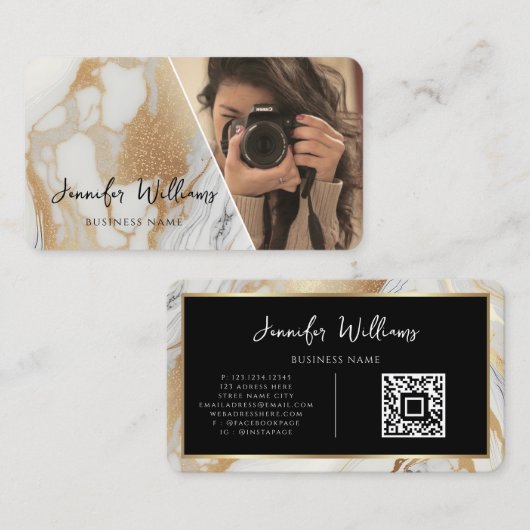 Moderne QR Code Goud Wit Marmeren Fotograaf Visitekaartje (Voorkant / Achterkant)
