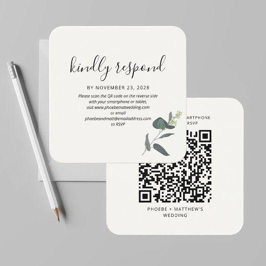 Moderne QR Code Greenery RSVP Weddenschap Enclosur Vierkante Visitekaartjes