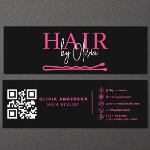 Moderne QR Code Hair Stylist Zwart Hot Pink Mini Visitekaartje