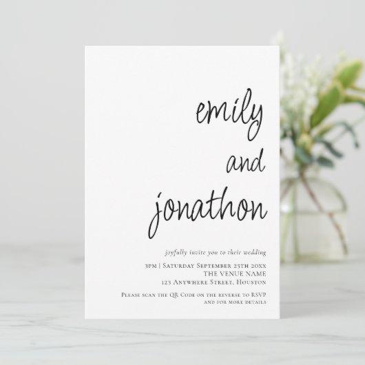 Moderne QR-code Huwelijk Script Namen Kaart (Staand voorkant)