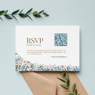 Moderne QR-code Huwelijks RSVP Wilde Bloem Monogra Informatiekaartje