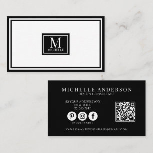 Moderne QR-code met zwart-wit monogram rand Visitekaartje