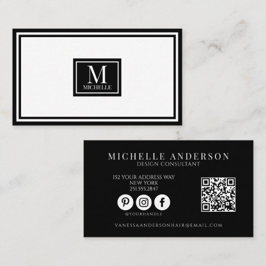 Moderne QR-code met zwart-wit monogram rand Visitekaartje (Voorkant / Achterkant)