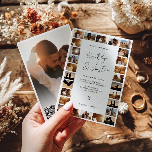 Moderne QR-code Minimal 29 Fotogrid Wedding Kaart