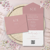 Moderne QR-code monogram stoffige roze trouw All In One Uitnodiging