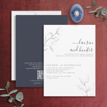 Moderne QR Code Navy Blue Script Botanical Wedding