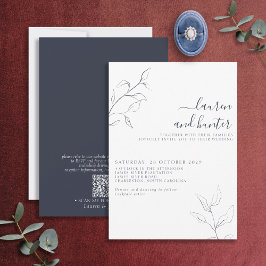 Moderne QR Code Navy Blue Script Botanical Wedding Kaart